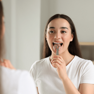 Why your tongue needs cleaning too: benefits of tongue scraping 2 A young woman using a tongue scraper in front of a mirror, representing tongue scraping
